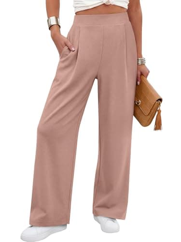 ANRABESS Womens Pants Wide Leg Waffle Knit Casual Stretchy Work Dress Pants 2026 Pull on Business Slacks Trousers Outfits X-Large Pink