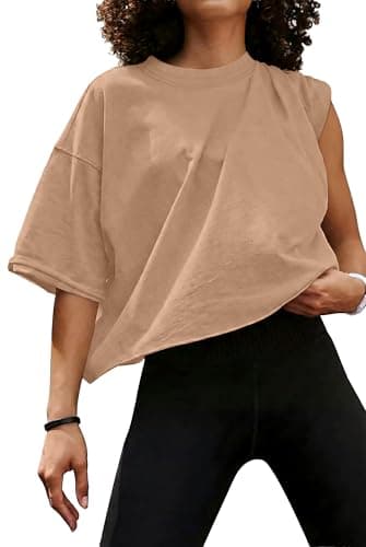 JINKESI Women's Loose Workout Crop Tops Casual Short Sleeve Drop Shoulder T-Shirts Basic Loose Yoga Running Tees Light Khaki-L - Image 1