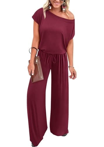 KIRUNDO Womens Jumpsuit 2026 Casual Summer Loose One Piece Off Shoulder Elastic Waist Wide Leg Long Romper with Pockets(Wine Red, Small) - Image 1