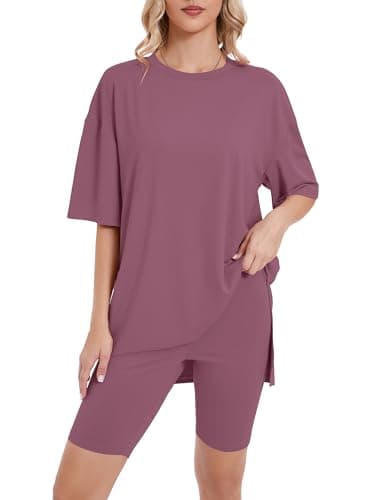 Heymoments 2 Piece Lounge Set for Women Soft Mauve X-Large Oversized T-Shirt and Biker Shorts Pajama Set Soft Summer Pajamas Set Breathable Sleepwear Comfy Nightwear Womens Pjs Set - Image 1