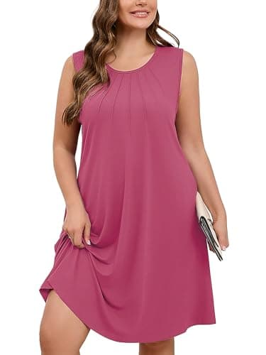 AusLook Plus Size Midi Dress for Women Sleeveless Casual Summer Mauve 4X Tank Dress with Pockets Round Neck A-Line Swing Flowy Solid Color Travel Vacation Sundress - Image 1