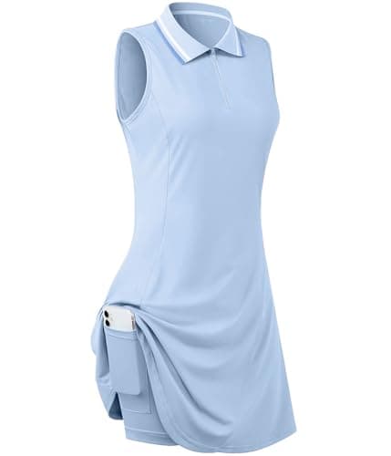 FREEYE Sleeveless Tennis Dresses for Women Summer Golf Dress with Shorts Athletic Polo Dresses Pickleball Outfits Light Blue XL - Image 1