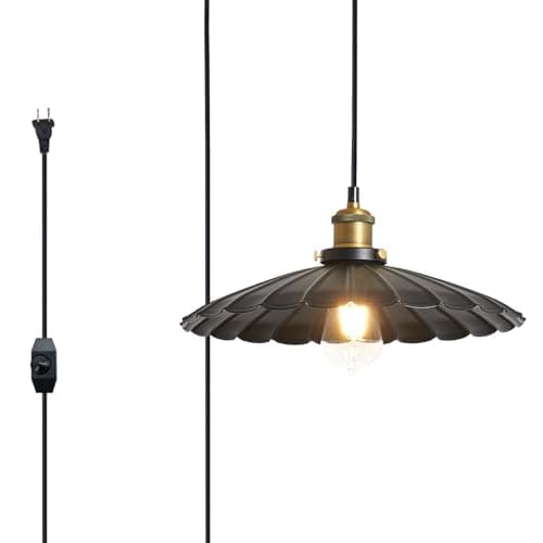 Oyisen Hanging Plug in Light Rustic Black 13.8 Inch Lampshade with 14Ft Cord Bar Counter Hanging Light Fixture with Plug in Cord On/Off Switch Hanging Lamp Plug in - Image 1