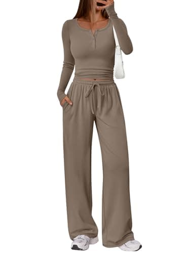 Trendy Queen Women's 2 Two Piece Matching Lounge Sets 2026 Airport Travel Fall Fashion Outfits Crop Top Wide Leg Pants Sweat Suits Workout Gym Y2k Clothes Casual Sweatsuit Loungewear Winter Clothing - Image 1