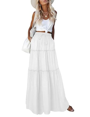 Aprolive Womens Boho Maxi Skirt Drawstring High Waist A-Line Skirt Pleated Ruffle Long Skirts Summer Casual Vacation Outfits(1-White,Small) - Image 1