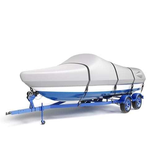 LumiCalyx Waterproof Boat Cover 14-16 ft, Heavy Duty Marine Grade Trailerable Boat Cover for Bass Boat,V-Hull,Fish & Ski, Fits Beam Width up to 68", All Weather Protection with Straps,Grey
