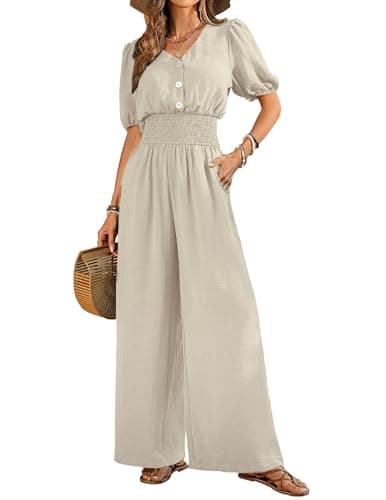 LOOKBOHO Womens Jumpsuits Short Sleeve V Neck Dressy Casual Wide Leg Pants Romper 2026 Summer One Piece Outfits - Image 1