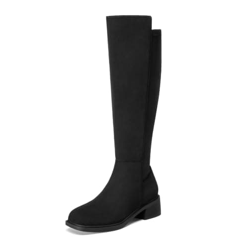Athlefit Black Knee High Boots for Women Suede Square Toe Low Heel Tall Boots Stretchy Fall Travel Long Booties with Side Zipper 9.5 - Image 1