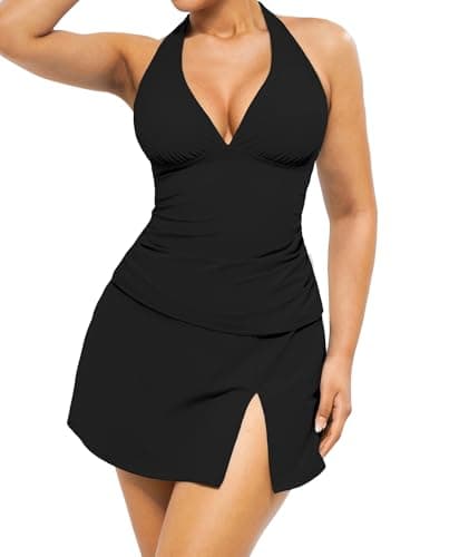 Popilush Tummy Control Tankini Swimsuits for Women Two Piece Shapewear Bathing Suits Ruched Halter Swimwear with Skirt Black - Image 1
