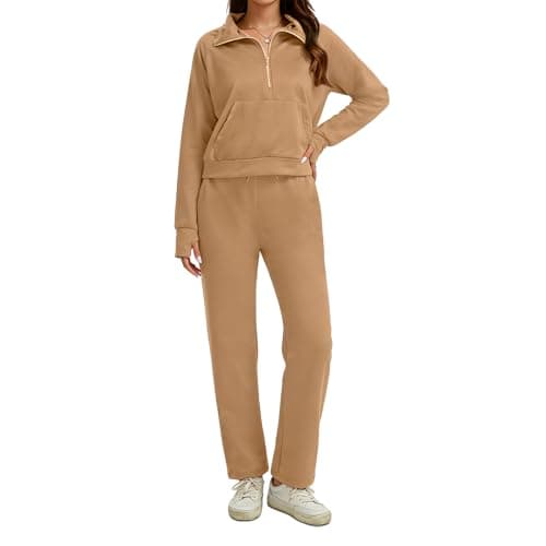 Anyshe Women's 2 Piece Sweatsuit Set Lounge Set Half Zip Sweatshirt with Kangaroo Pocket Thumb Holes Wide Leg Drawstring Pants Casual Tracksuit for Travel Daily Wear, Khaki, X-Large - Image 1