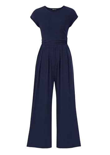 PRETTYGARDEN Summer Jumpsuits for Women Dressy 2026 Ribbed Cap Sleeve Wide Leg Pants Rompers Elegant Casual One Piece Outfits (Navy,Medium) - Image 1