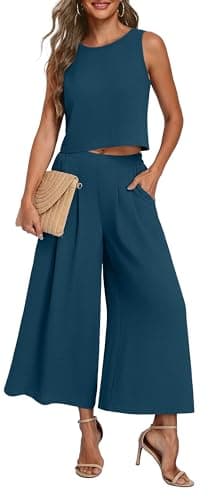 Lepunuo Women's Summer 2 Piece Outfits Crop Sleeveless Top and Casual Wide Leg Pants Lounge Beach Matching Set - Image 1