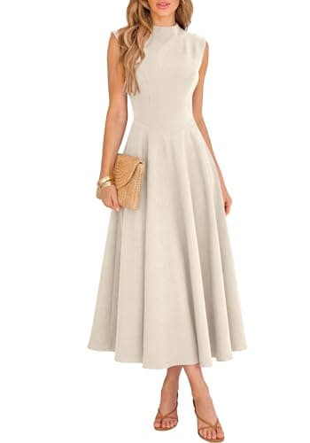 BTFBM Summer Dresses for Women 2026 Mock Neck Sleeveless High Waist Flowy Aline Maxi Spring Wedding Guest Dress Cocktail(Beige, XX-Large) - Image 1