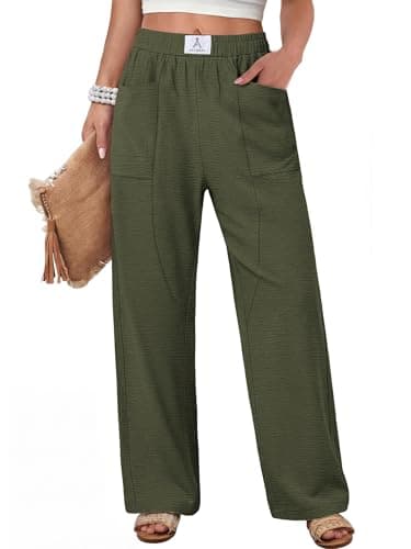 ANRABESS Womens Casual Pants 2026 Summer Loose Fit Lounge Pants with Pockets High Waisted Elastic Waist Straight Leg Trousers Army Green S - Image 1