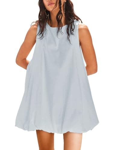 COCOMARTS Dress for Women Summer Casual Linen Mini Dresses Sleeveless Crew Neck Bubble Keyhole Tie Back Vacation Sundress Sky Blue Medium - Image 1