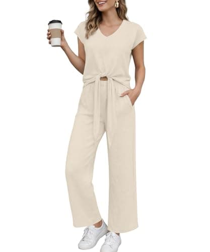 KUOTAI Women's 2 Piece Outfits Pant Sets V Neck Tie Front Cap Sleeve Top Wide Leg Pants Elastic Waist with Pockets Casual Matching Outfit, White, Medium - Image 1