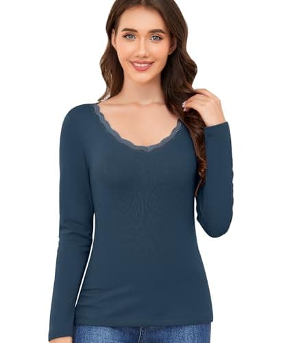 Ganado Long Sleeve Shirts for Women Lace V Neck Thermal Shirt Fitted Basic Tops Plain Layering Undershirts (Dark Blue, XX-Large) - Image 1