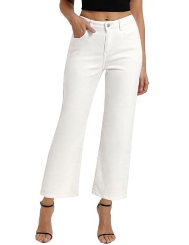 Belle Poque Women White Wide Leg Jeans Stretchy Mid Rise Straight Leg Jeans with Pockets (White, 10) - Image 1