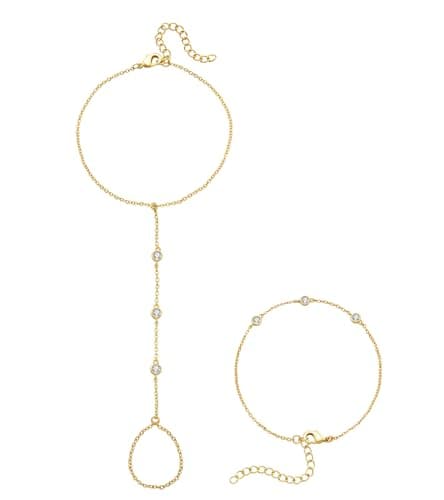 adoyi Gold Bracelets for Women 14K Gold Plated Trendy Hand Chain Bracelet Stackable Ring Bracelet Stack Set Adjustable Hand Chain Link Layered Waterproof Jewelry Sets Gifts for Women 6.7"+2" - Image 1