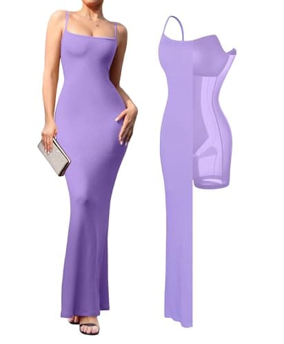 Popilush Womens Summer Purple Maxi Dress Built in Bra Shapewear Tummy Control Bodycon Spaghetti Strap Ribbed Formal Party Dresses - Image 1
