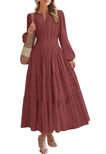 BTFBM Spring Dresses for Women 2026 Casual Long Sleeve V Neck Elastic Waist Lightweight Maxi Wedding Guest Dress Pockets(Brown Red, XX-Large) - Image 1