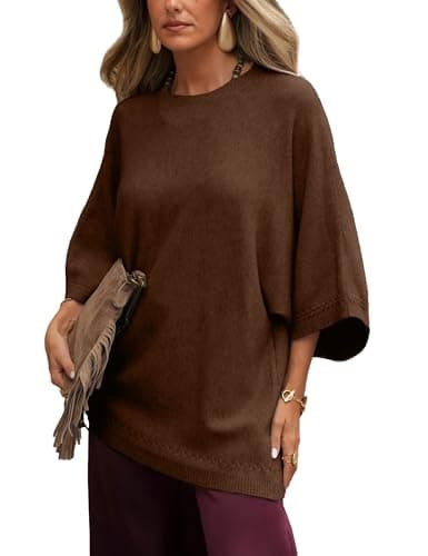 Tanming Women's 3/4 Sleeve Knit Sweater Crew Neck Oversized Casual Pullover Top Loose Soft Knit Tee for 2026 Spring(Brown-M) - Image 1