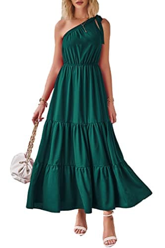 PRETTYGARDEN Women's Summer Floral Maxi Dress Knot One Shoulder Sleeveless Ruffle Flowy Boho Beach Wedding Guest Dresses (Solid Dark Green,Medium) - Image 1