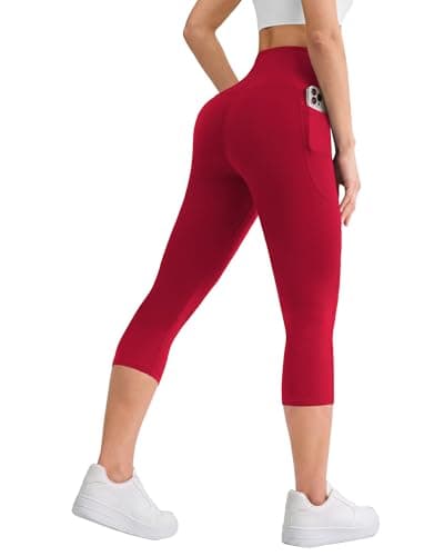 DLOODA Capri Leggings for Women, High Waisted Tummy Control Yoga Pants with Pockets for Athletic Workout Gym Red - Image 1