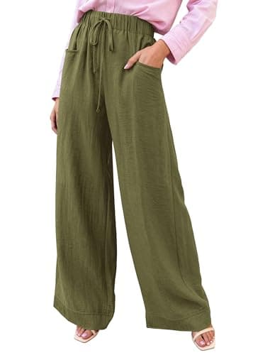 KIRUNDO Wide Leg Palazzo Pants for Women Summer High Waist Flowy Casual Trousers Lounge Pants Beach Vacation Travel Outfits (Army Green, Large) - Image 1