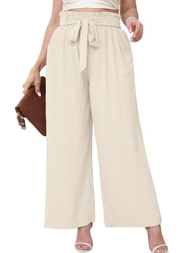 AusLook Women's Plus Size Wide Leg Pants with Pockets Ivory 1X Lightweight High Waisted Tie Knot Paperbag Dressy Palazzo Loose Paper Bag Comfy Business Casual Work Flowy Dress Ladies' Trousers - Image 1