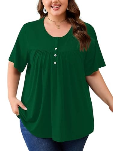 AusLook Plus Size Tunic Tops for Women Pleated Babydoll Blouse Short Sleeve Round Neck Loose Fit Casual Flowy Green 4X Tunic Shirts Summer Tops to Wear with Leggings - Image 1