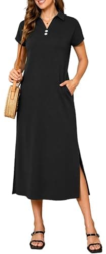 BEXIBOOM Women's Maxi Dress with Sleeves, Summer Casual Cap Sleeve V Neck Collared Shirt Dress with Pockets, Side Slit Long Vacation Beach Dress Black-M - Image 1