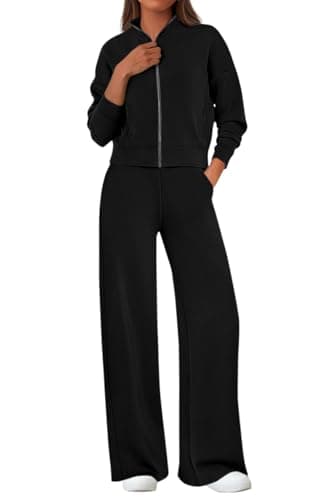 PRETTYGARDEN Women's 2 Piece Outfits Spring Sweatsuits Zip Up Sweatshirt Wide Leg Sweatpants Casual Tracksuit Lounge Sets(Black,XX-Large) - Image 1
