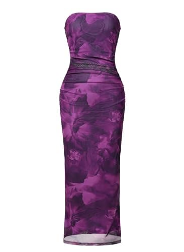 OutfitShow Womens Summer Bodycon Maxi Dresses 2026 Floral Strapless Tube Slit Ruched Mesh Cocktail Party Long Dress, Purple Floral XS - Image 1