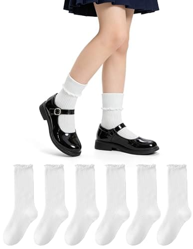 BISOUSOX Girls Socks 6-8 Years Old White Ruffle Cute Ankle Crew Frilly Ruffled Kids School Dress Socks for Girls 8-10 12 - Image 1
