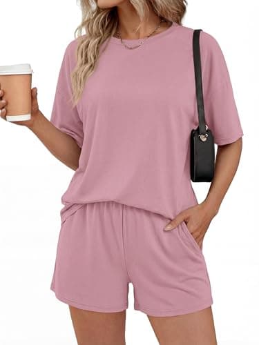 BTFBM 2 Piece Lounge Sets For Women 2026 Summer Airport Travel Vacation Outfits Loose Matching Clothing Spring Short Set(Pink, X-Large) - Image 1