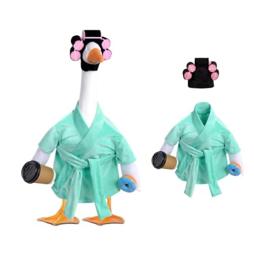 yuboo Lady Porch Goose Outfits 23 Inch Turquoise Bathrobe, Summer Goose Clothes Porch Geese Accessories Pajamas Robe Curlers and Coffee Cup for Funny Yard Garden Decoration - Image 1
