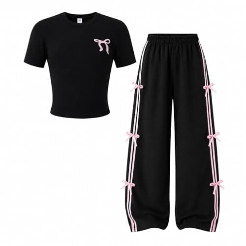 Zylvae Girls 2-Piece Outfits Short Sleeve Bow Print Top & Wide Leg pants Kids Summer Fashion Casual Clothing Set Size 7-8 Years - Image 1