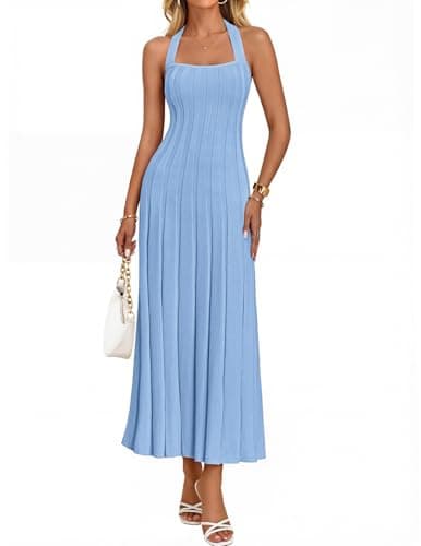 MEROKEETY Women's 2026 Spring Summer Sweater Dress Casual Halter Sleeveless Elegant Ribbed Knitted Bodycon Midi Dresses, Blue, Small - Image 1