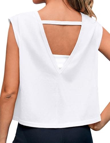 Quenteen Women Cropped Open Back Sleeveless Tank Tops Casual Yoga Y2k Athletic Gym Loose Fit Shirts White XL - Image 1