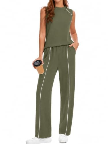 imbpceu Two Piece Lounge Sets for Women Sleeveless Crew Neck Tops with Wide Leg Pants Casual Summer Vacation outfits Army Green L - Image 1