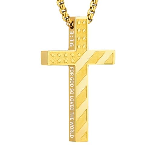 Laeclily Cross Necklace for Men Black Gold Silver American Flag Pendant Chain Bible Verse Stainless Steel Necklaces Mens Stocking Stuffers for Christmas Christian Gifts gold 3:16 - Image 1