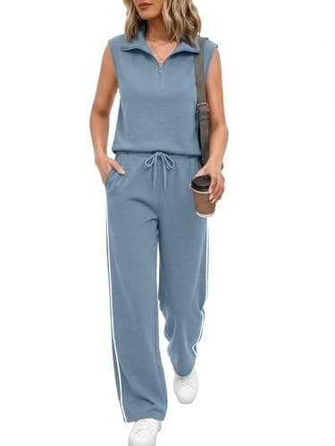 Casly Lamiit Womens Two Piece Sets Fashion 2026 Summer Outfits Half Zip Tank Top Wide Leg Striped Pant Travel Vacation Lounge Wear Blue Grey L - Image 1