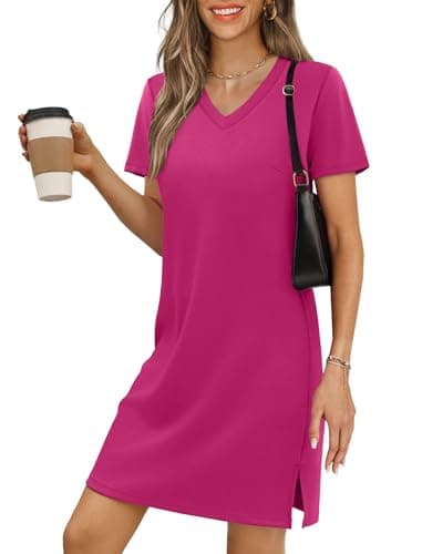 RUMIA Summer Casual Dresses for Women 2026 Mini Vacation Dress V-Neck Short Sleeve Split Hem Beach Sundress Fuchsia S - Image 1
