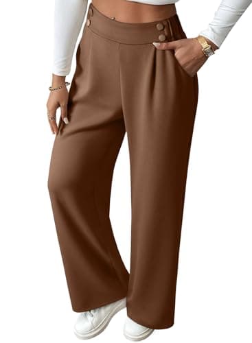 EVALESS Women's Wide Leg Pants Elastic High Waisted Straight Business Work Dressy Casual Pleated Pants Brown Loose Comfy Slacks Clothing Fall Fashion Trousers with Pockets Large - Image 1