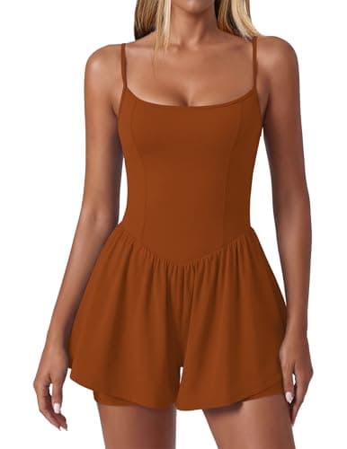 Ekouaer Womens Summer Sleeveless Workout Rompers Athletic Jumpsuit Double Lined Shorts One Piece Gym Yoga Clothes Brown - Image 1