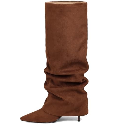 COMFITORIA Womens Knee High Boots, Fold Over Shark Boots Stiletto Heels Slouchy Long Boot Pointed Toe Thigh High Dress Shoes Sexy Fashion Tall Boot for Women with Zipper, Brownsuede, 9 - Image 1