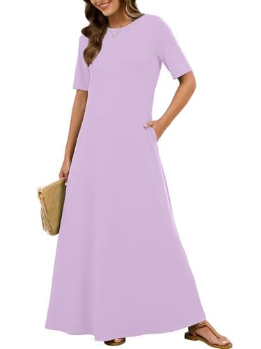 KORSIS Women's Short Sleeve Maxi Dress Casual Summer Fall Winter Long T-Shirt Lilac X-Large Dresses Loose Fit Layering Sundress with Pockets - Image 1