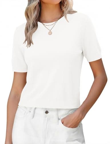 LaGracia Cropped Sweaters for Women Short Sleeve Crewneck Cashmere Wool Blend Lightweight Business Casual Sweater Crop Tops Summer Spring Vacation Outfits White M - Image 1