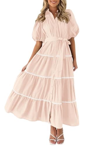 PRETTYGARDEN Women's Summer Button Down Shirt Dress Short Puffy Sleeve Tiered Ruffle Flowy Long Maxi Dresses (Beige,Small) - Image 1